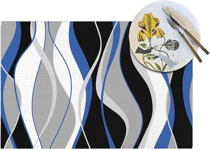 Placemats Set of 6 Black and Blue Place Mats White Grey Striped Modern Abstract Woven Table Mats Washable PVC Placemat for Dining Kitchen Decor Indoor Outdoor, 12 x 18 Inch