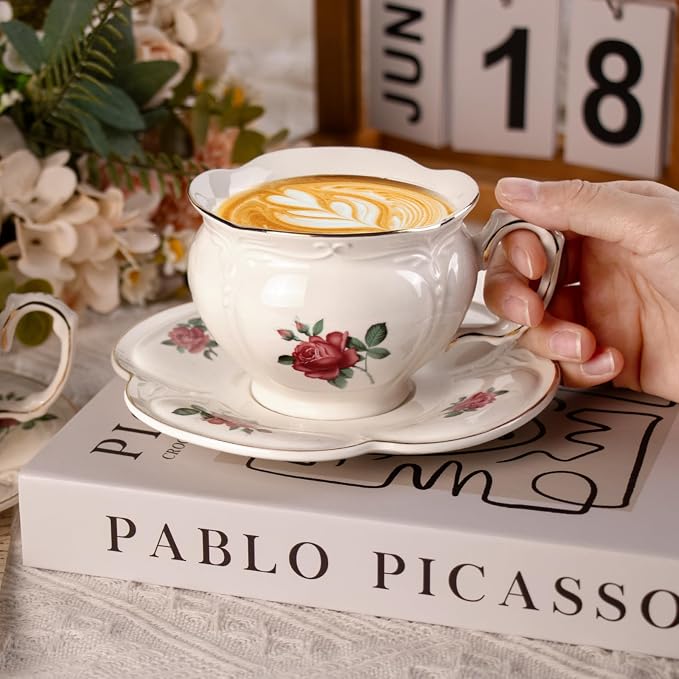 KAMMAK Tea Cups and Saucers Set of 2, 6.8 oz Porcelain Coffee Cups, 564N | - Image 6