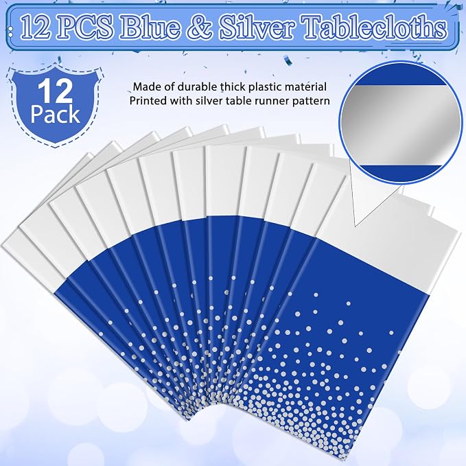 12Pcs Blue Silver Tablecloth Party Decorations, Plastic Royal Blue Table Cloth - Image 2