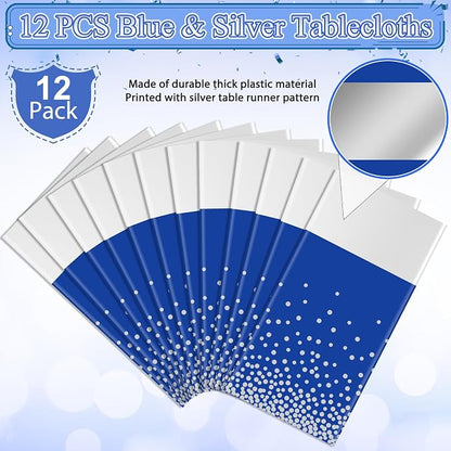 12Pcs Blue Silver Tablecloth Party Decorations, Plastic Royal Blue Table Cloth - Image 2