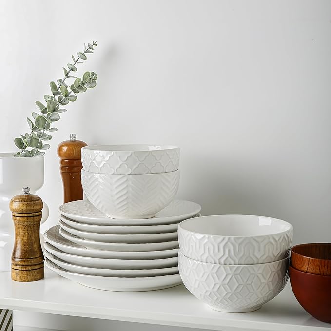Sureasy 12-Piece Ceramic Dinnerware Set for 4 - Embossed Plates and Bowls Sets, Scratch Resistant Dish Set, Microwave, Oven & Dishwasher Safe, White