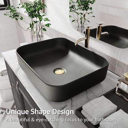 ELLAI Bathroom Vessel Sink Rectangle Above Counter Porcelain Ceramic Top Mount Rectanglar Countertop Sink for Bathroom 19.7"x15.2"x5.4" Matte Black