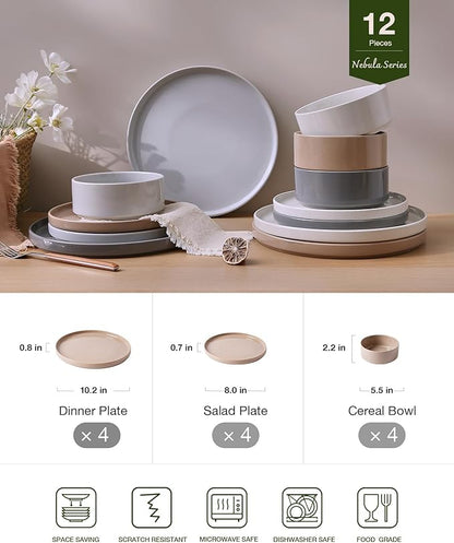 Famiware Nebula Plates and Bowls Set, 12 Pieces Dinnerware Sets, Dishes Set for 4, Multi-color