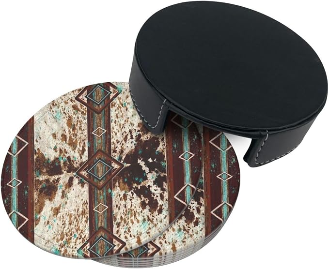 6 Pcs Cowhide Print Western Leather Coasters - Image 4