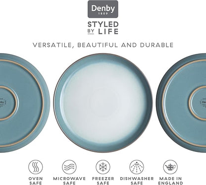 Denby - Azure Haze Coupe Dinner Plates Set of 6-10.25 Inch - Dishwasher Microwave Oven Safe - Reactive Blue Teal Glaze Large Ceramic Stoneware Plates - Scratch Chip Resistant