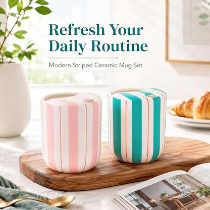 2 Pcs Ceramic Mug with Sip Hole 10 oz Pink Turquoise Striped Ceramic Coffee Mug - Image 7