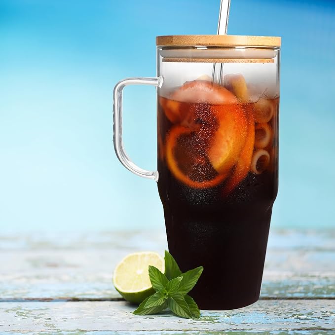 ANOTION Glass Cups with Lids and Straws - 40 Oz Tumbler with Handle and Straw - Image 7
