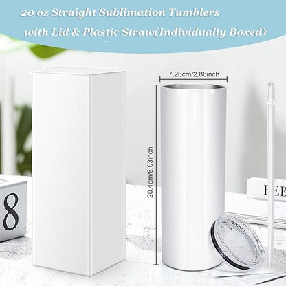 25 Pack Straight Sublimation Tumblers Bulk 20oz Stainless Steel Double Wall Insulated Sublimation Cups Wholesale Blank White with Lid, Straw for Tumbler Press Machine