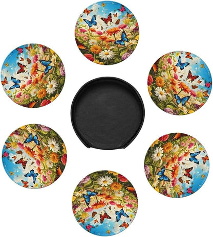 Drink Coasters with Holder Stand Set of 6, Bright Flower Butterfly Pu Leather - Image 4