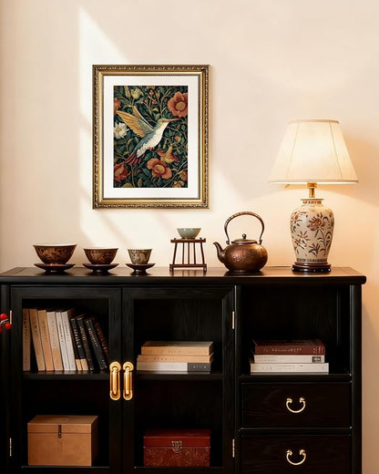InSimSea Gold Picture Framed Wall Art, Living Room Vintage Moody Hummingbird Wall Decor, William Morris Botanical Canvas Print Art, Home Farmhouse Decor, Antique Paintings with Frame 13x16inch