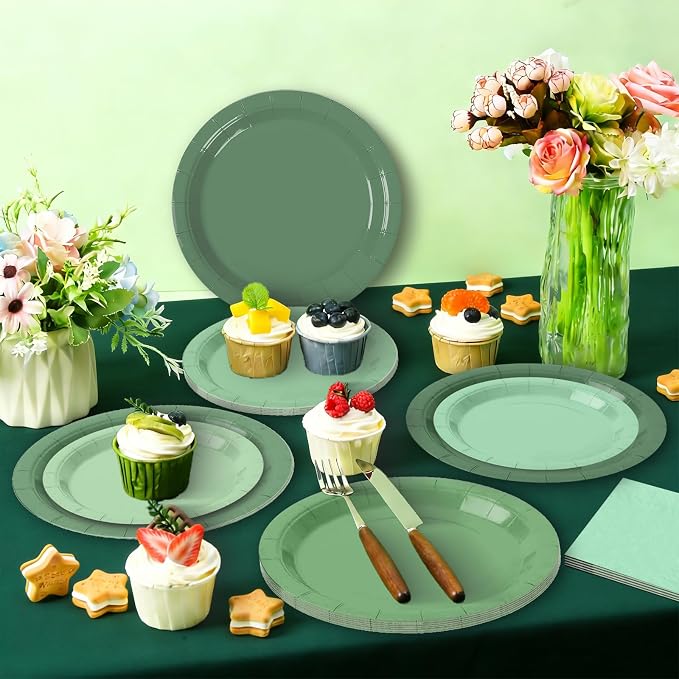 Sage Green Paper Plates and Napkins Party Supplies, Serve 60 | 180pcs - Image 6