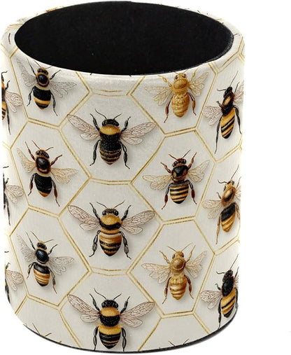 Leather Pen Holder for Desk, Honeycomb Bees Pencil Cup Pen Organizer Makeup by Unknown