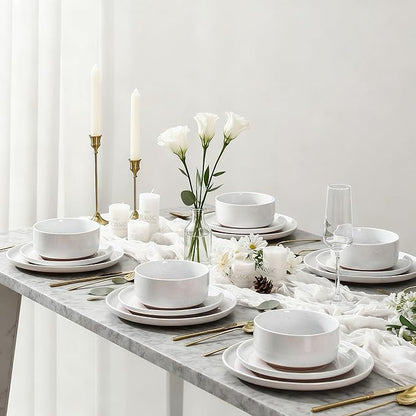 GZG Modern Art Series - 6 Pcs Speckled Stoneware Plates and Bowls Sets, Ceramic Dinnerware Set with Rustic Terracotta Underside, Microwave and Dishwasher Safe Handcrafted Dishes Set - Porcelain White