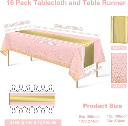 16Pack Disposable Plastic Tablecloths and Satin Table Runner Set Pink and Gold - Image 2