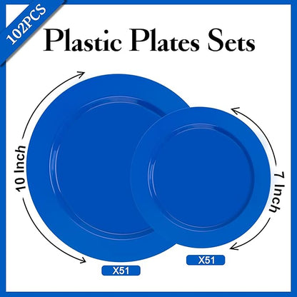I00000 102 Pcs Plastic Plates, Plates Disposable Blue Party Plates Include 51 Blue Dinner Plate 10’’ and 51 Plastic Dessert Plate 7’’ Perfect for Wedding, Party