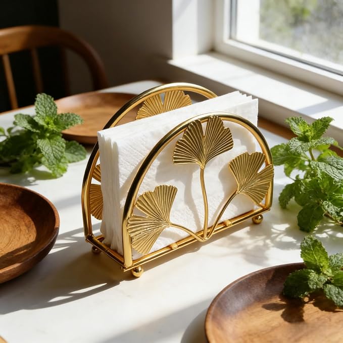 Elegant Iron Ginkgo Leaf Cocktail Napkin Holder Tabletop Decor Dispenser | - Image 9