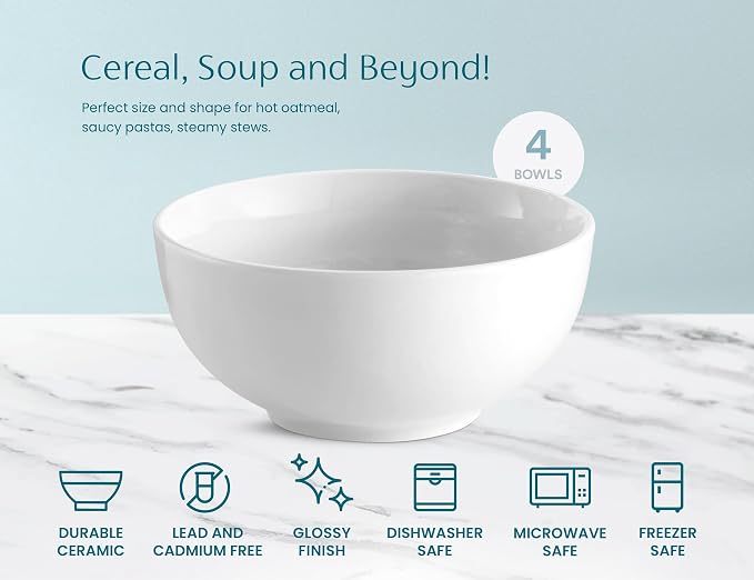 KooK Ceramic Cereal Bowls, Dishwasher and Freezer Safe, Porcelain Dishes - Image 7