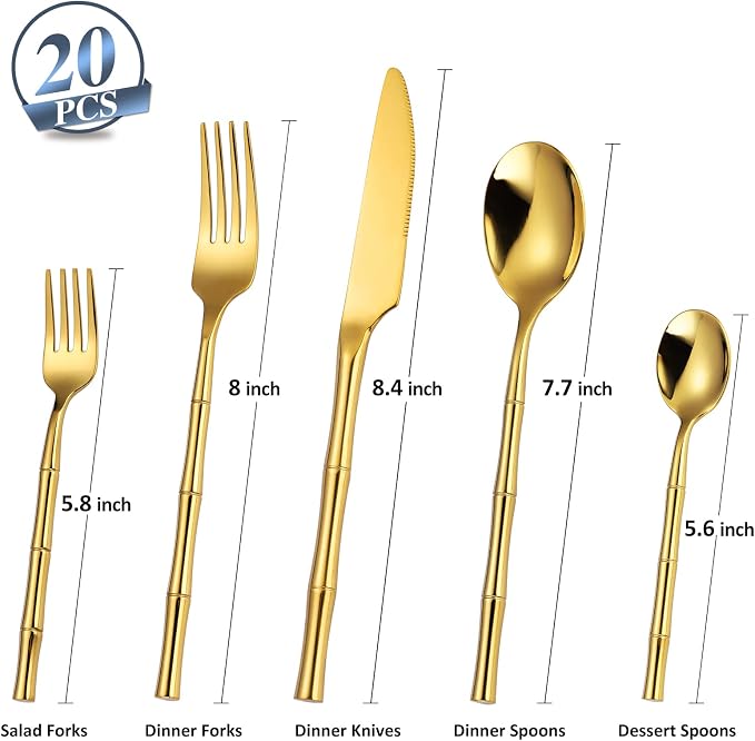 Bamboo Flatware Set Gold Silverware Set Stainless Steel Cutlery Set 20 Pieces - Image 2