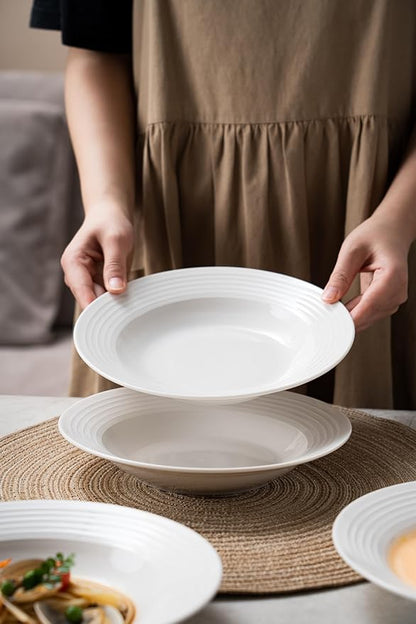8.7-inch Wide Rim Ceramic Soup Bowl - Lead-Free White Pasta Bowls for Spaghetti, Salad, Stew, Rice Microwave & Dishwasher Safe - Scratch-Resistant & Heatproof Design Set of 4