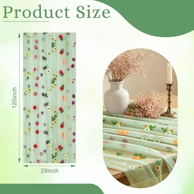 BINBE 1pcs Daisy Spring Table Runner Embroidery Gauze 10FT Florals Seasonal - Image 2
