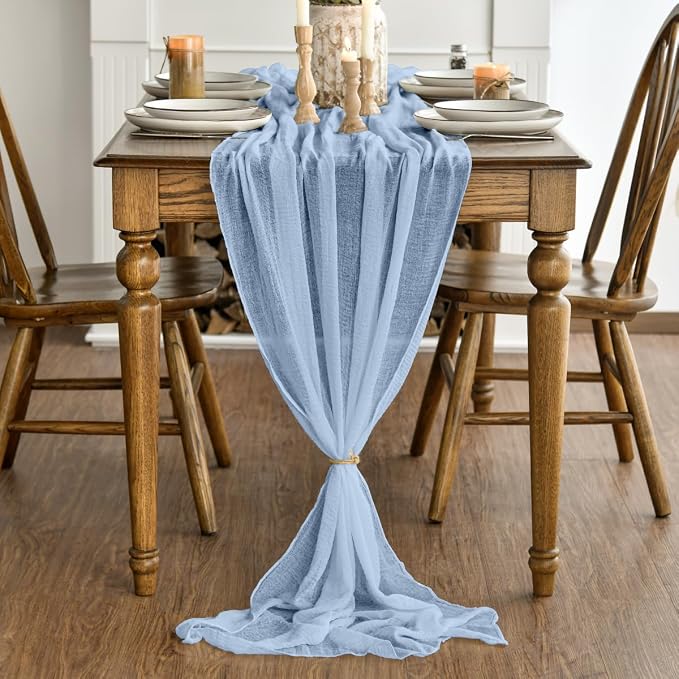 Artoid Mode Boho Ice Blue Gauze 3 Pieces Wedding Table Runner, 120 Inch - Image 4