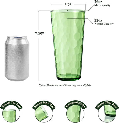 26oz Acrylic Glasses Drinkware (Set of 6), Hammered Design Shatter-Proof Plastic Cups, Reusable Large Drinking Tumblers, Stackable, BPA-Free, Dishwasher-Safe (Green)