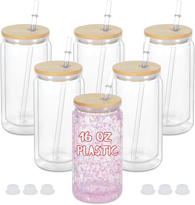 16 Oz Plastic Snowglobe Tumbler, 6 Pack Pre-Drilled Double Wall Plastic Clear by Maucircol