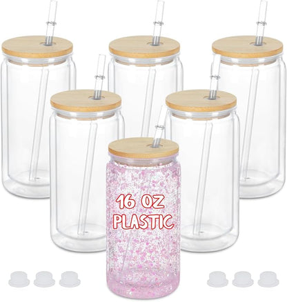 16 Oz Plastic Snowglobe Tumbler, 6 Pack Pre-Drilled Double Wall Plastic Clear by Maucircol