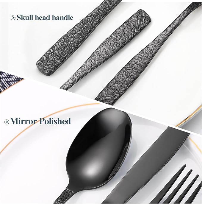 Skull Embossed Silverware Set for 8, OIULO 40-Piece Black Flatware set - Image 4
