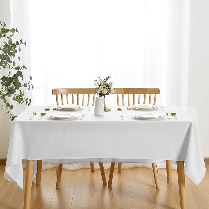 JIUZHEN Faux Linen Farmhouse Tablecloth Rectangular, Wrinkle Stain Resistant Table Cloth Rectangle Table Cover for Kitchen Dining, Holiday Party Dinner, White, 70 x 140 Inch