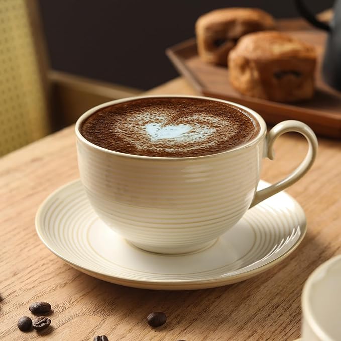 12Oz Coffee Cups with Saucers, Ceramic Espresso Cup Set of 4, Cappuccino Cups - Image 3