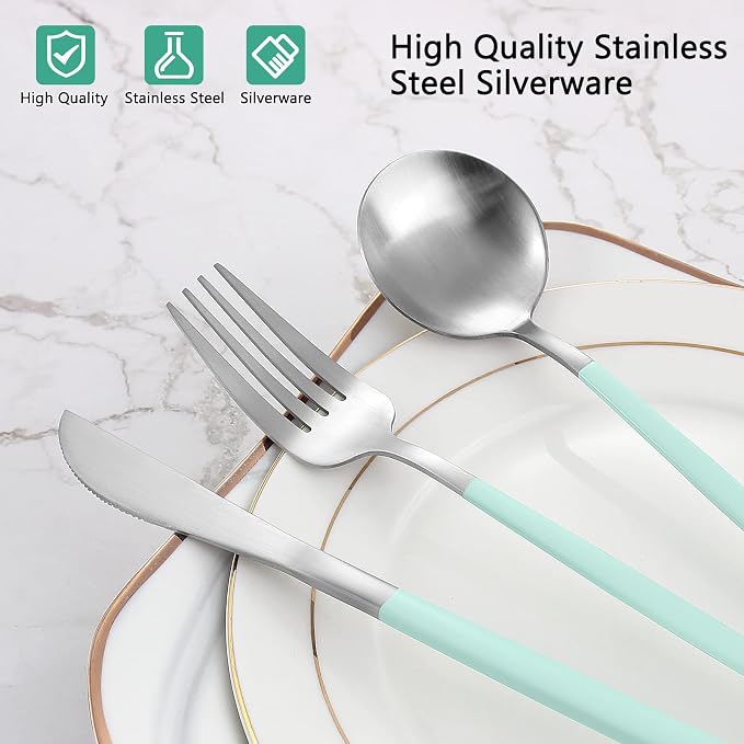 VANVRO Matte Green Silver Silverware Set, 20-Piece Stainless Steel Flatware Set - Image 4