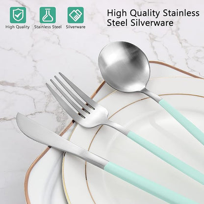 VANVRO Matte Green Silver Silverware Set, 20-Piece Stainless Steel Flatware Set - Image 4