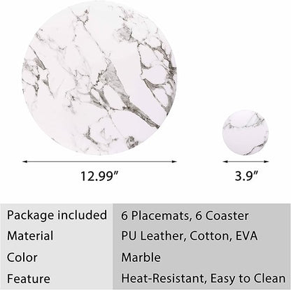 Set of 6 Marble Round Placemats and Coasters, Faux Leather Waterproof Table Mats, Easy to Wipe Off for Kitchen Dining Round Table