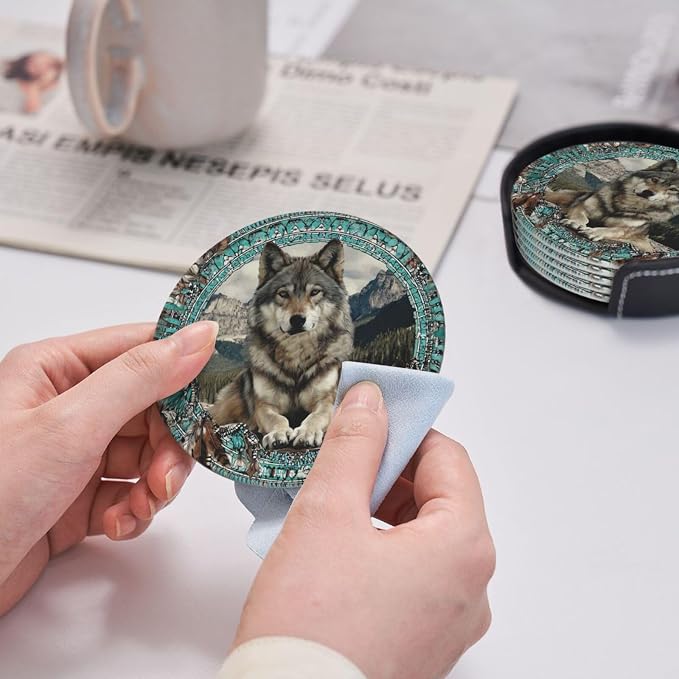 6 Pack Native American Wolf Turquoise Leather Coasters - Image 3