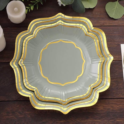 50 Pack 8" Sage Green/Gold Scallop Rim Dessert Plates, Disposable Round Paper Appetizer Salad Plates 300 GSM for Party Decoration