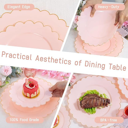 LIYH 120 Pcs Pink Plastic Plates Disposable - Pink Disposable Plastic Plates Set for Party Includes 60 Dinner Plate 10.25" & 60 Dessert Plate 7.5" Elegant Gold Rim for Party Birthday