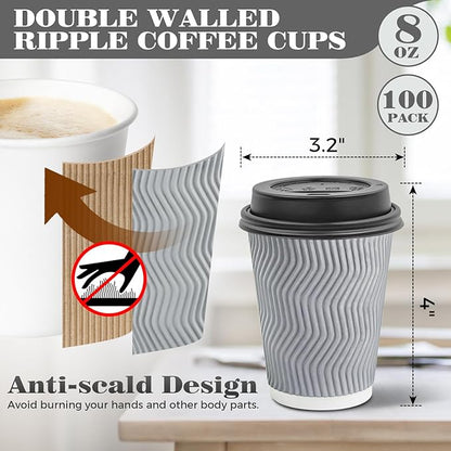 Ginkgo 100 Pack To Go Paper Coffee Cups With Lids, 8 oz Disposable Double-Walled Ripple Insulated Hot Cups for Hot Drinks, Lattes, Travel Cups, Small, Gray