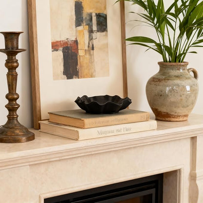 Small Black Ceramic Decorative Bowl, Modern Home Decor Centerpiece 7.8 Inches Key Jewelry Ruffle Fluted Scalloped Bowl with Wavy Edge