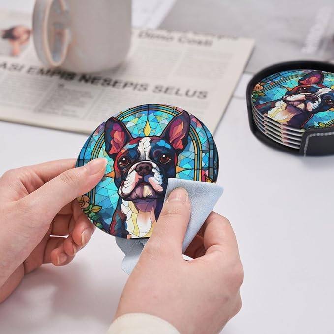 Boston Terrier Stained Dog Breed Glass Art Leather Drinks Coasters - Image 4