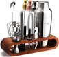 Mixology & Craft Cocktail Shaker Set with Dark Bamboo Stand - Professional 10-Piece Bartender Kit - Complete Bar Set & Cocktail Mixer Kit for Home (Silver)