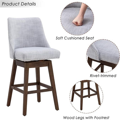27.5" Counter Height Bar Stools Set of 2, Linen Fabric Mid Century Modern Swivel Barstool with Back & Wood Legs Comfy Upholstered Counter Chairs for Home Bar/Dining Room/Restaurant, Grey