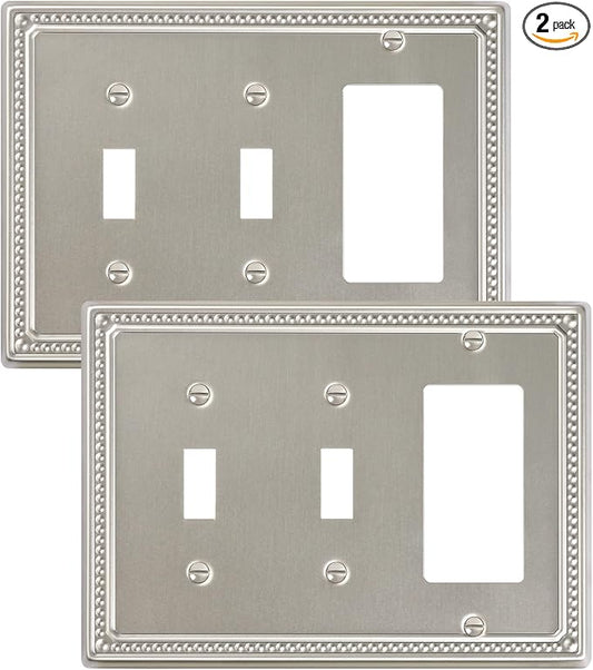 2-Pack Combo Decorator/Double Toggle Light Switch Cover Plate, Brushed Nickel Pearls Decorative Switch Plates and Outlet Covers, Metal Wall Plates for Electrical Outlets