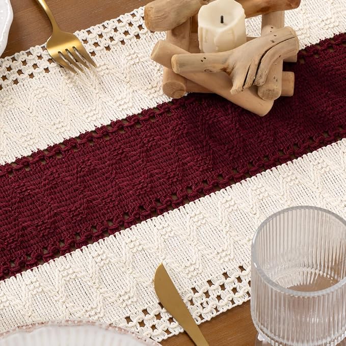 DeZerlor Ivory&Burgundy Boho Macrame Farmhouse Woven Table Runner 90Inch | - Image 6