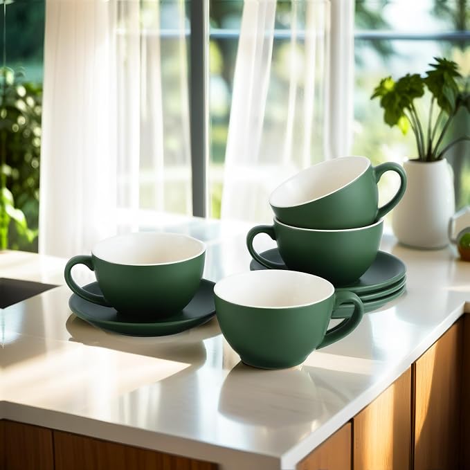 Yundu Matte Green Cappuccino Cups Set of 4-10oz Ceramic Latte Mugs - Image 4