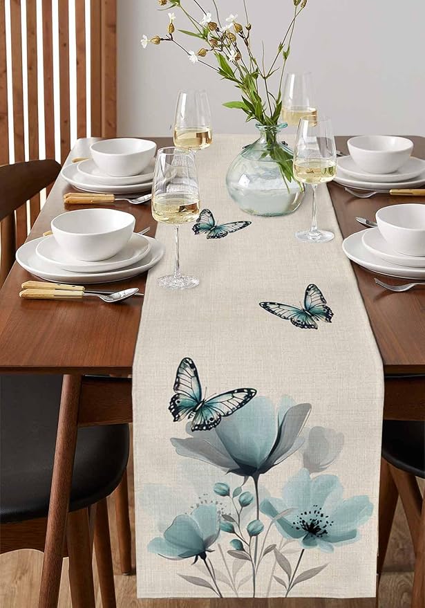 Turquoise Floral Table Runners 120 Inches Long, Spring Flowers Butterfly Table - Image 2