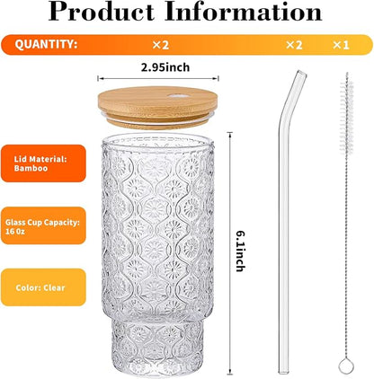 Vintage Glass Cups With Bamboo Lids And Straws 16 Oz, Vintage Tumbler Embossed - Image 2