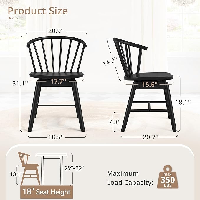 LUE BONA Black Dining Chairs Set of 4, Swivel Windsor Wood Dining Chairs with Semicircular Backrest, Spindle Dining Chair for Kitchen and Dining Room, 18 Inch