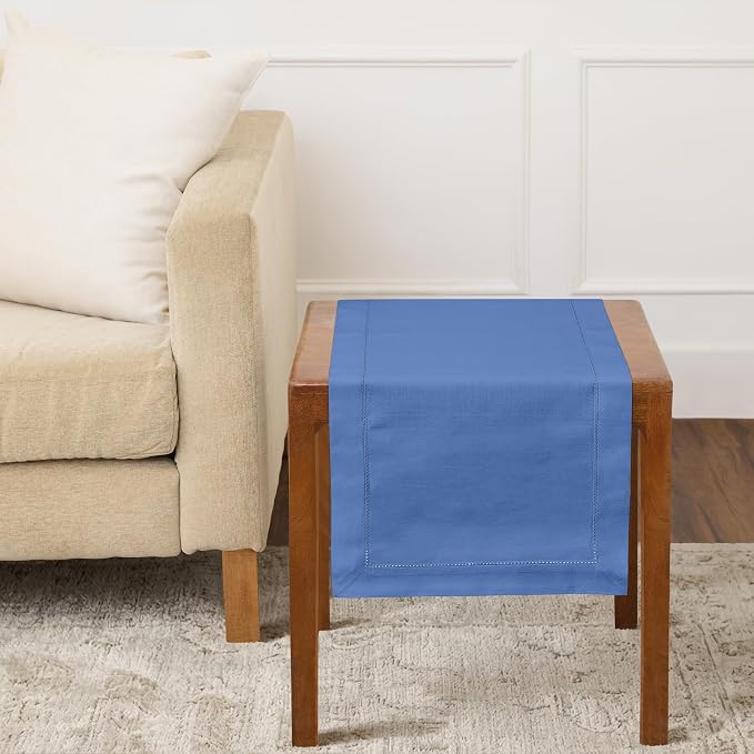 Solino Home Cotton Linen Table Runner Blue, Hemstitch Collection 14 x 36 in | by SolinoHome