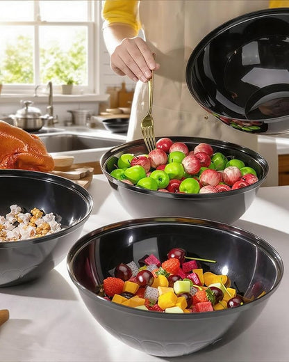 BESTVIP 150oz 4 Pack Black Plastic Serving Bowls for Party, Disposable 11.6" Large Salads Container for Snacks, Chips, Meal Prep, Stackable Candy Dishes for Christmas, Holiday, Reusable